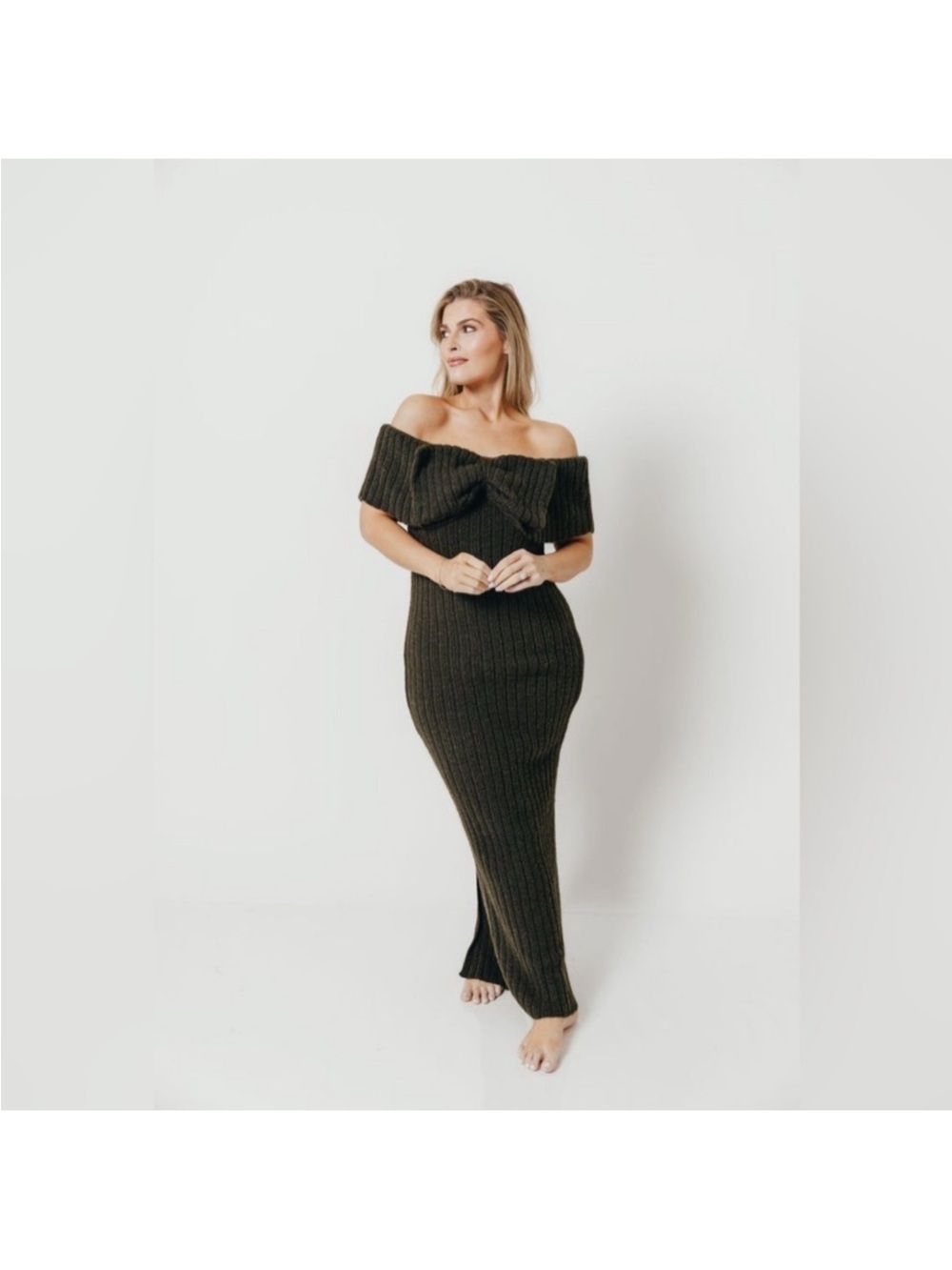 Off-Shoulder Ribbed Maxi Dress in Dark Olive